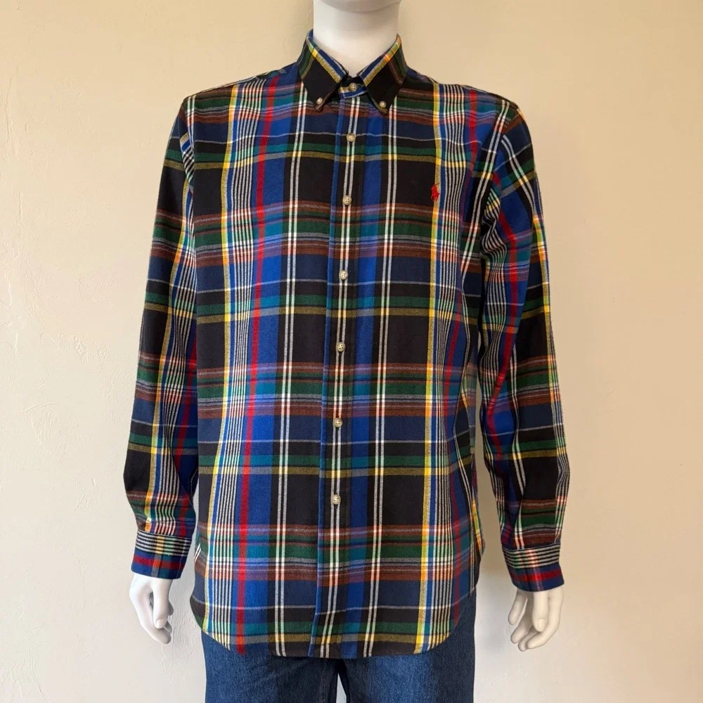 Ralph Lauren Mens  Custom Fit Plaid Flannel Button Down Shirt Multi Color Size L